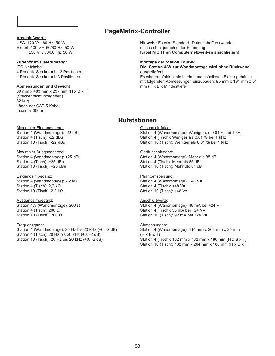 Technische daten, Pagematrix-controller, Rufstationen | Peavey PageMatrix User Manual | Page 98 / 104