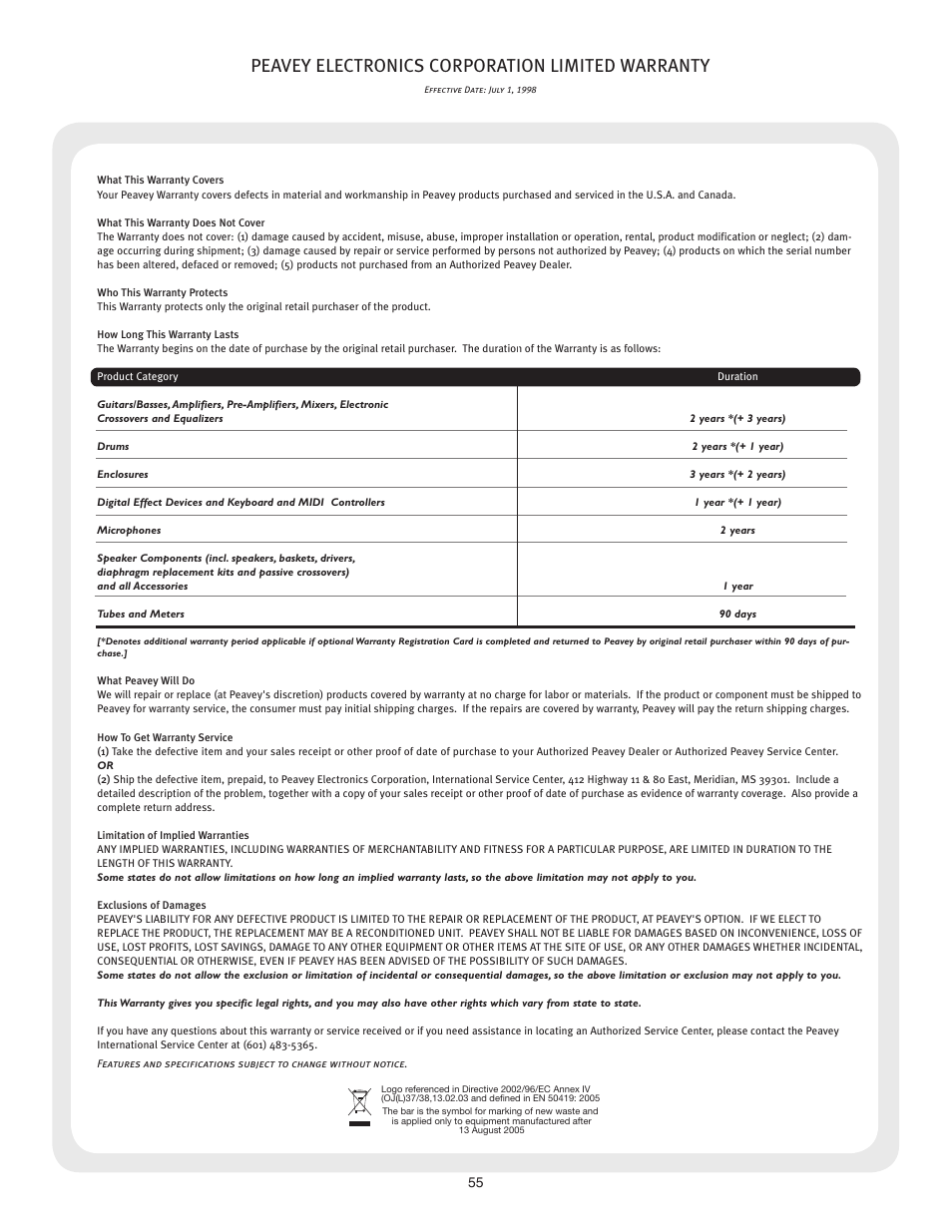 Peavey electronics corporation limited warranty | Peavey VSX 26 User Manual | Page 55 / 56