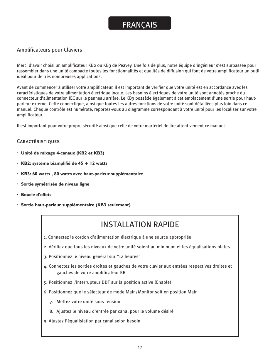 Kb®2/kb3, Français, Installation rapide | Peavey KB2/KB3 User Manual | Page 17 / 24