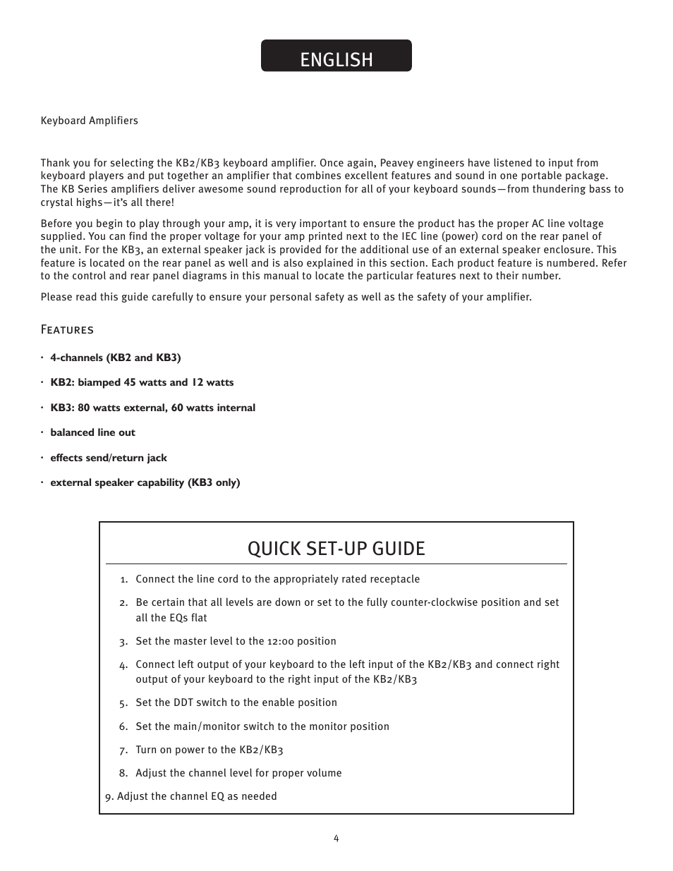 Kb®2/kb3, English quick set-up guide | Peavey KB2/KB3 User Manual | Page 4 / 24
