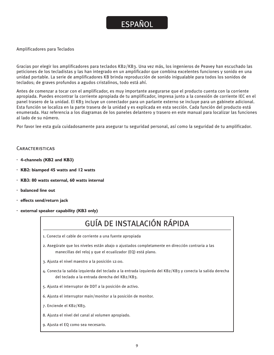 Kb®2/kb3, Español guía de instalación rápida | Peavey KB2/KB3 User Manual | Page 9 / 24