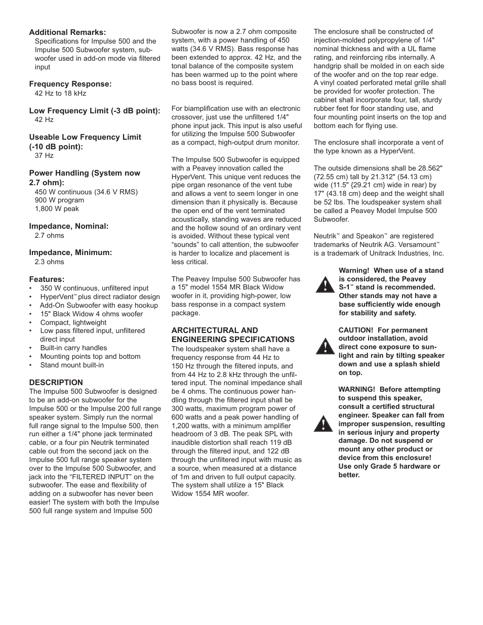 Peavey Impulse 500 User Manual | Page 2 / 6