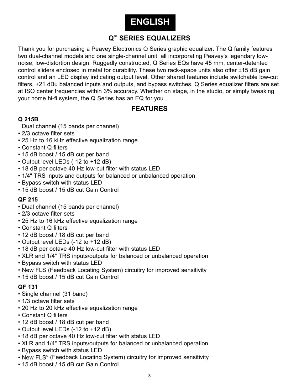 English | Peavey QF131 User Manual | Page 3 / 28