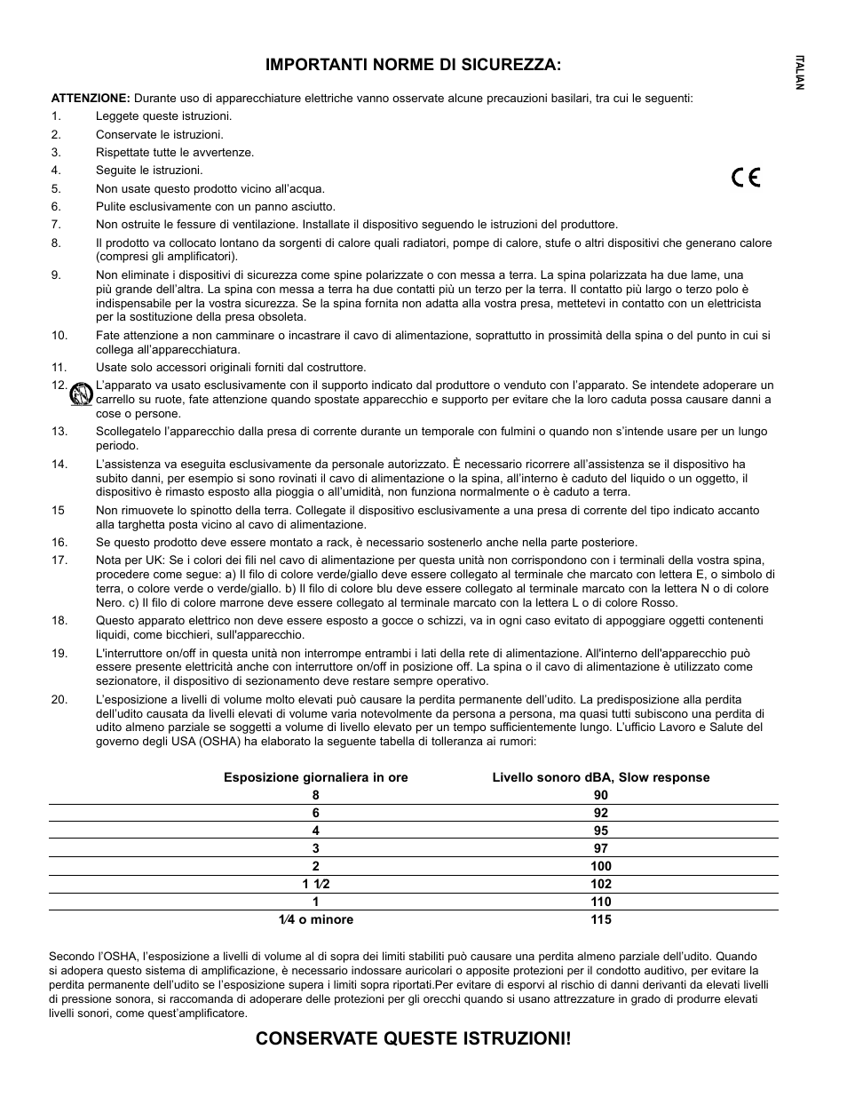 Conservate queste istruzioni, Importanti norme di sicurezza | Peavey 126 User Manual | Page 10 / 36