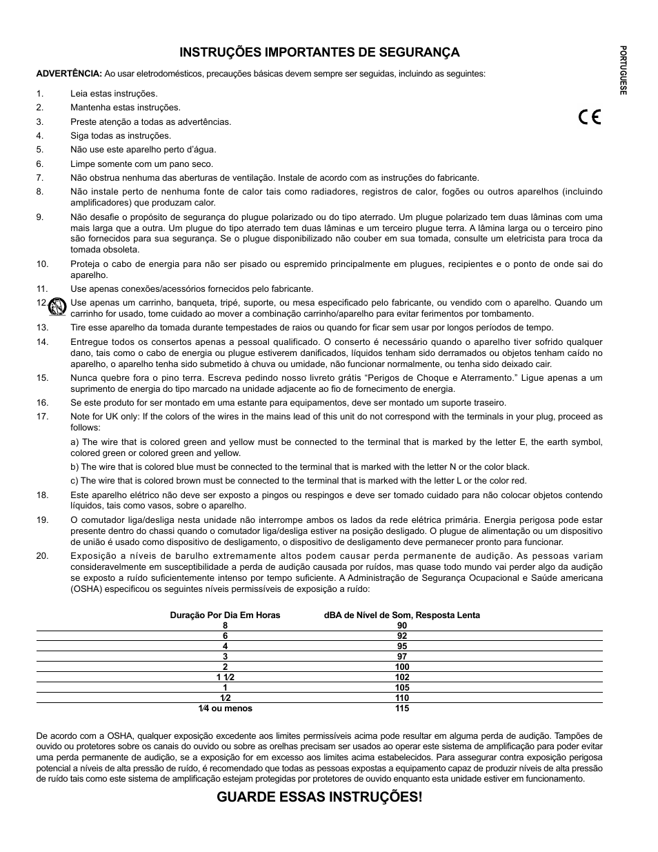 Guarde essas instruções, Instruções importantes de segurança | Peavey 126 User Manual | Page 11 / 36