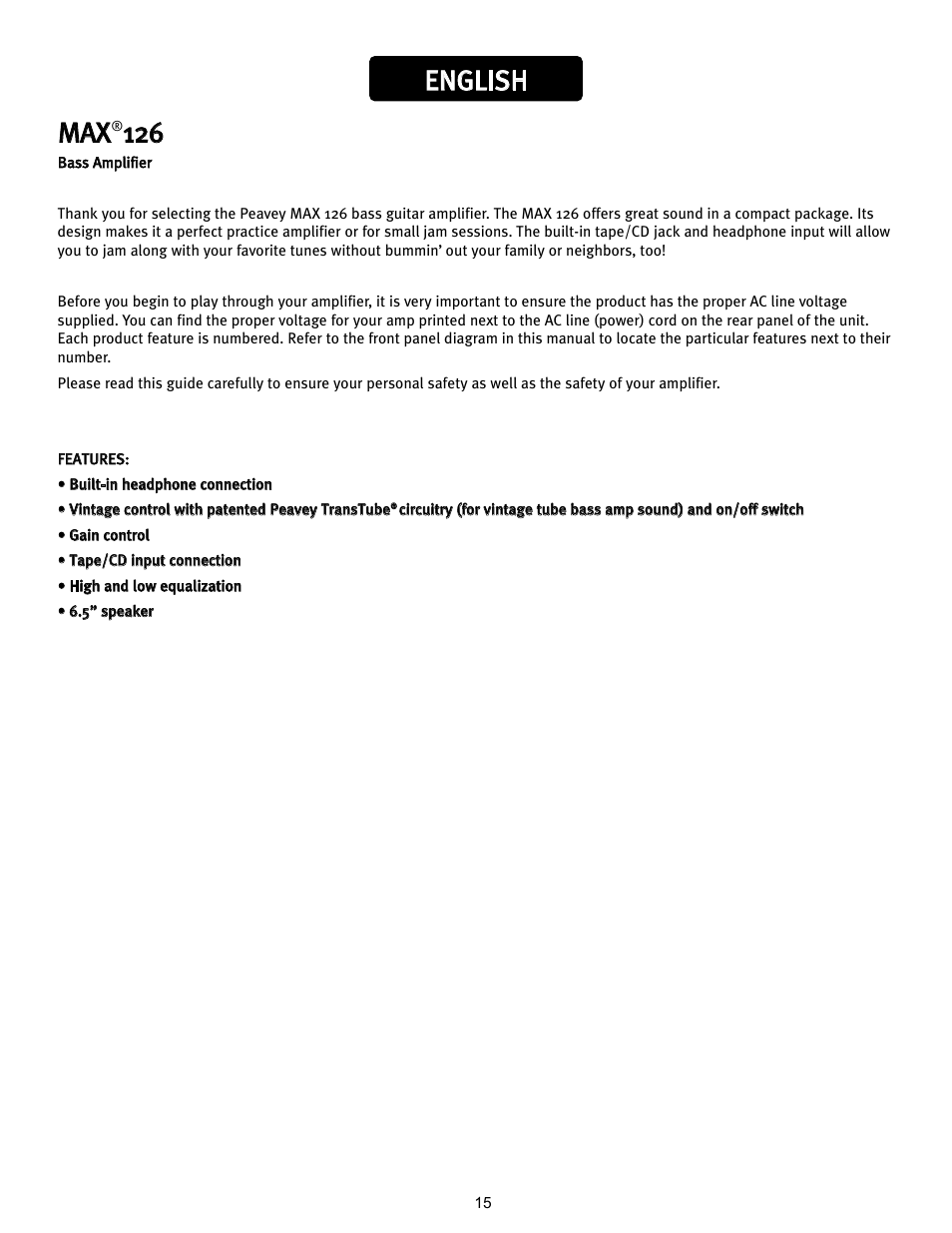 English | Peavey 126 User Manual | Page 15 / 36