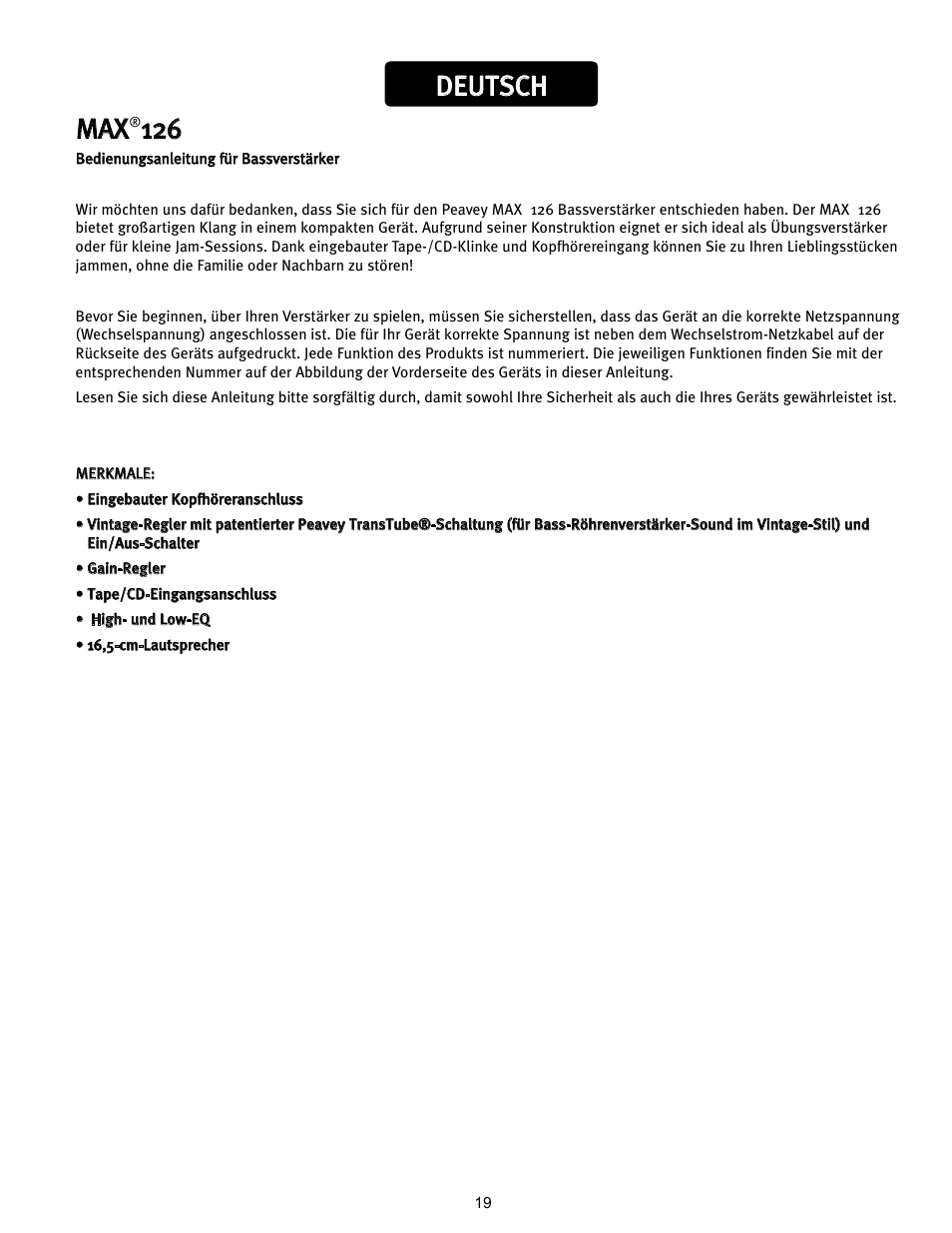 Deutsch max | Peavey 126 User Manual | Page 19 / 36