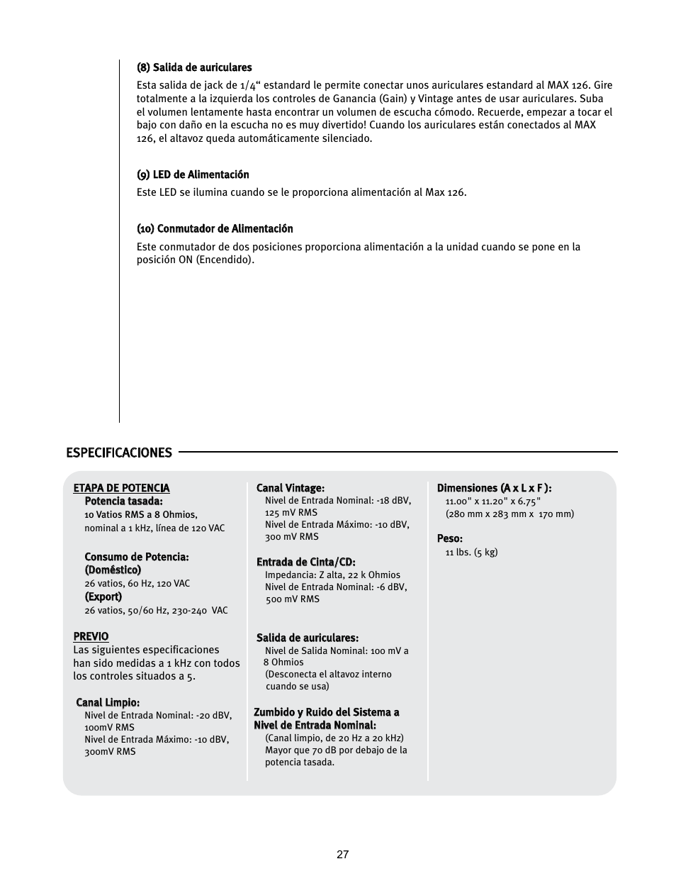 Max 126, Especificaciones | Peavey 126 User Manual | Page 27 / 36