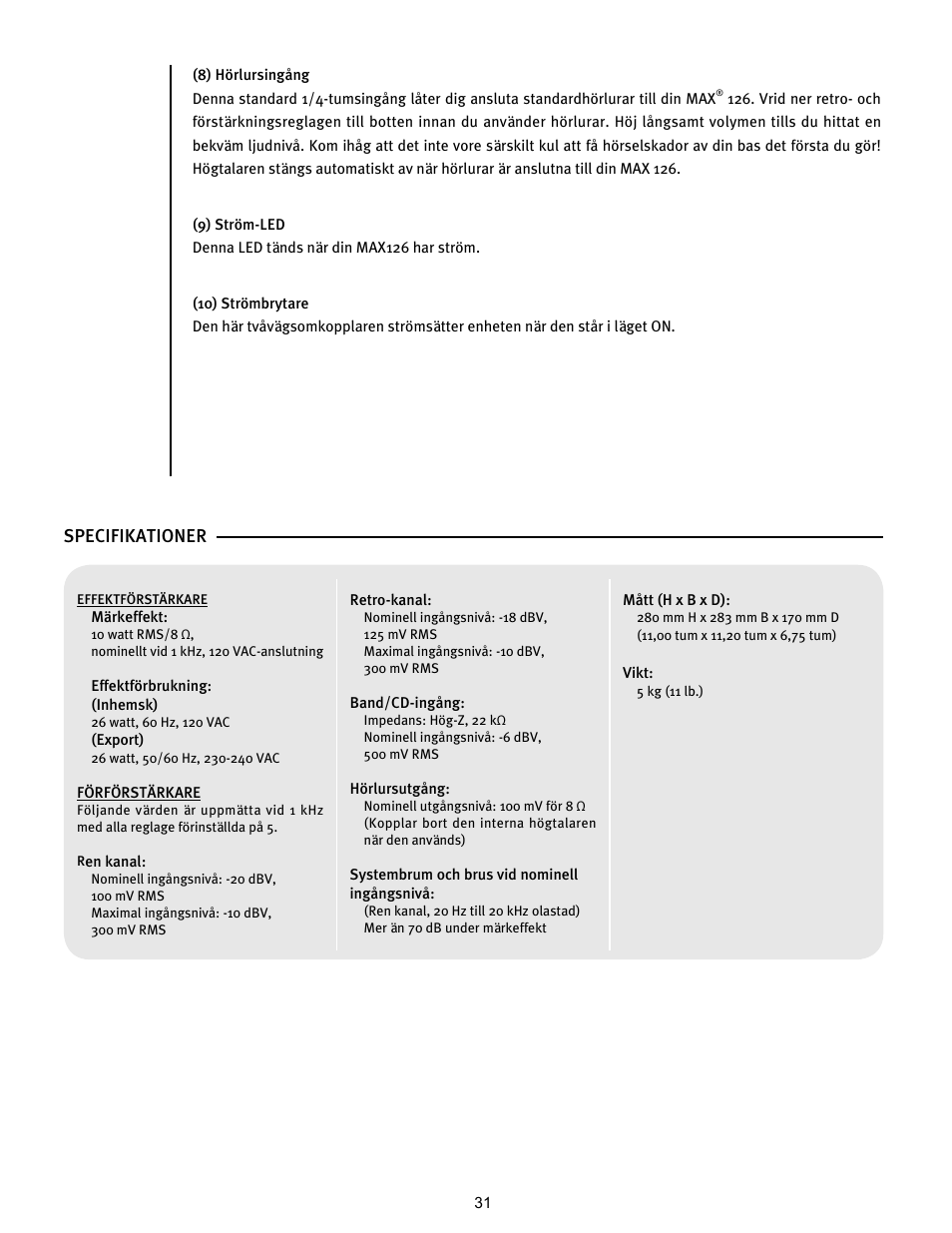 Specifikationer | Peavey 126 User Manual | Page 31 / 36