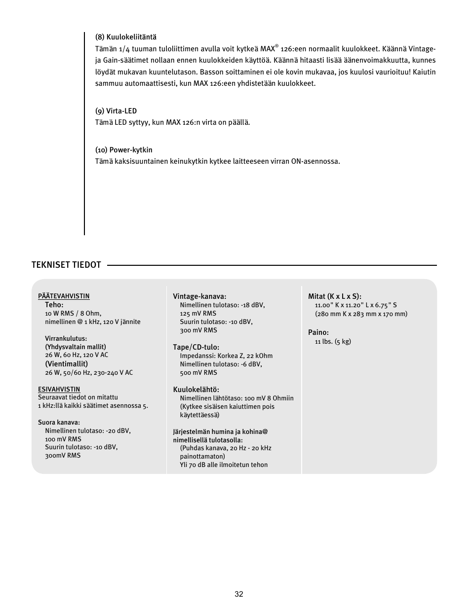 Tekniset tiedot | Peavey 126 User Manual | Page 32 / 36