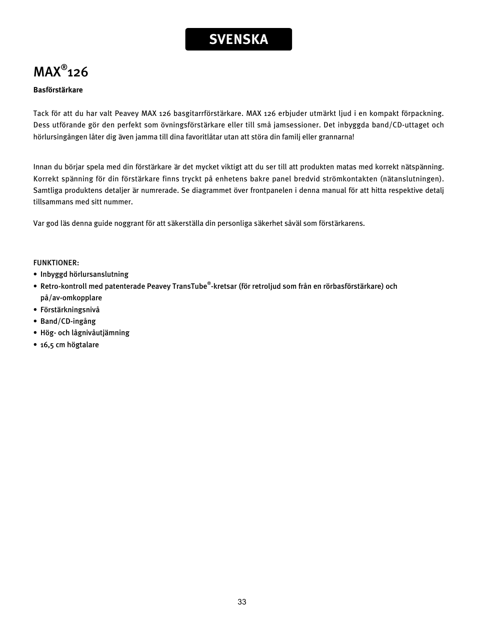 Svenska max | Peavey 126 User Manual | Page 33 / 36
