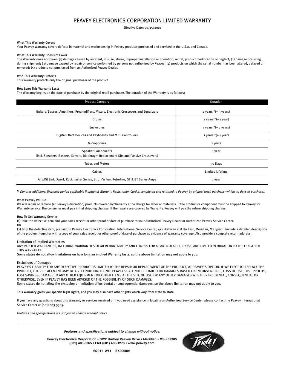 Peavey electronics corporation limited warranty | Peavey 126 User Manual | Page 34 / 36