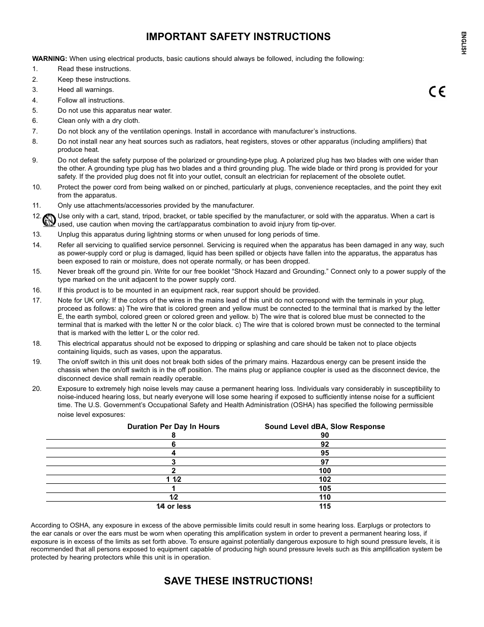 Important safety instructions, Save these instructions | Peavey 126 User Manual | Page 4 / 36