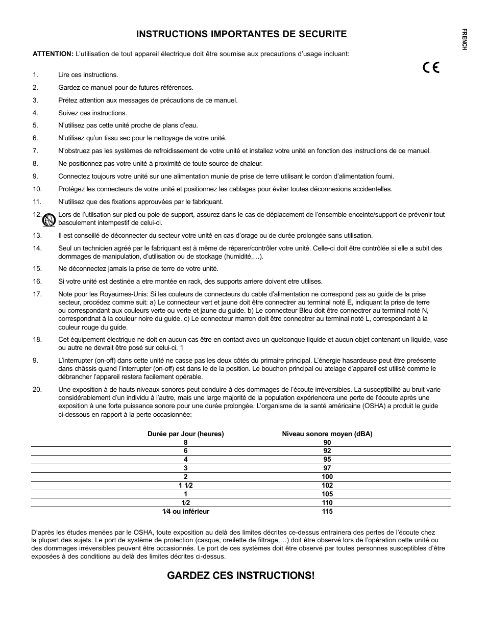 Gardez ces instructions, Instructions importantes de securite | Peavey 126 User Manual | Page 6 / 36