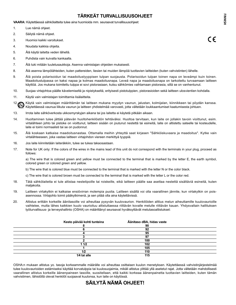 Säilytä nämä ohjeet, Tärkeät turvallisuusohjeet | Peavey 126 User Manual | Page 8 / 36