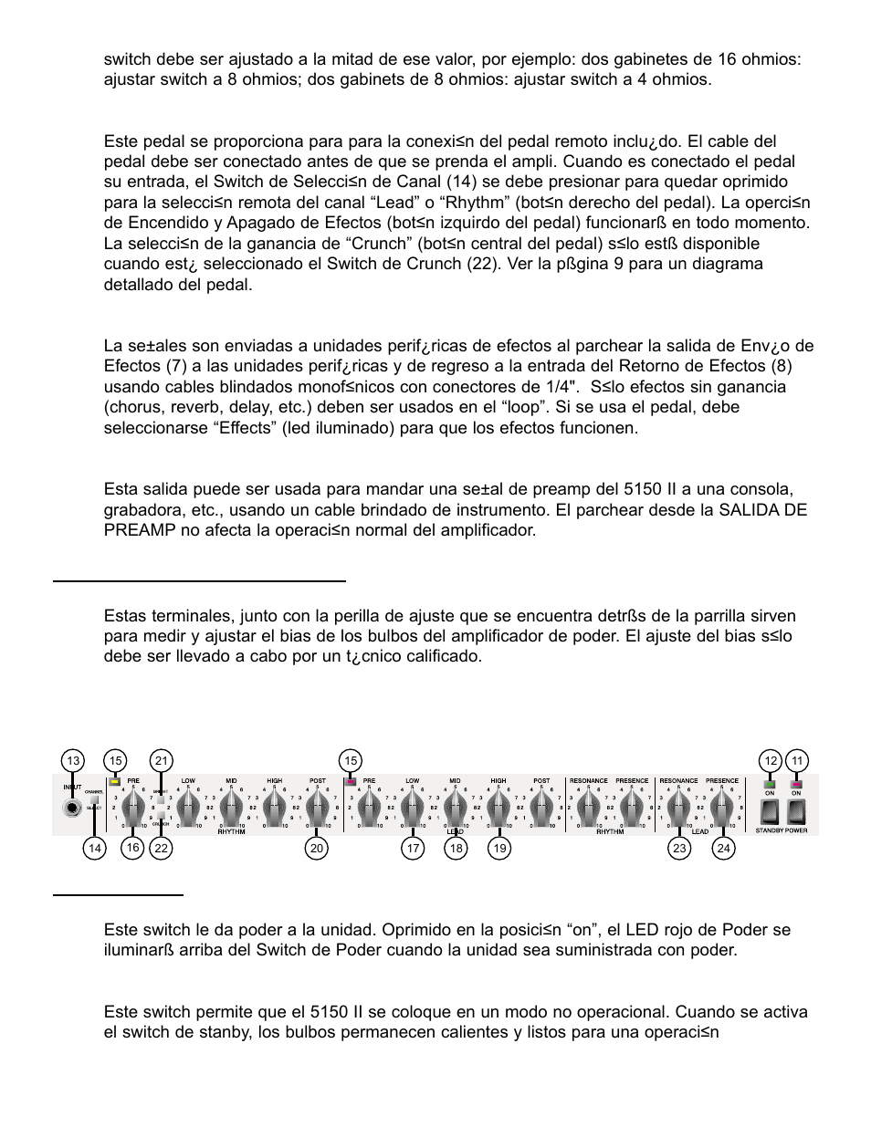 Sistema de ajuste de bias, Caracter¿sticas del panel frontal on standby | Peavey EVH 5150 II User Manual | Page 12 / 28