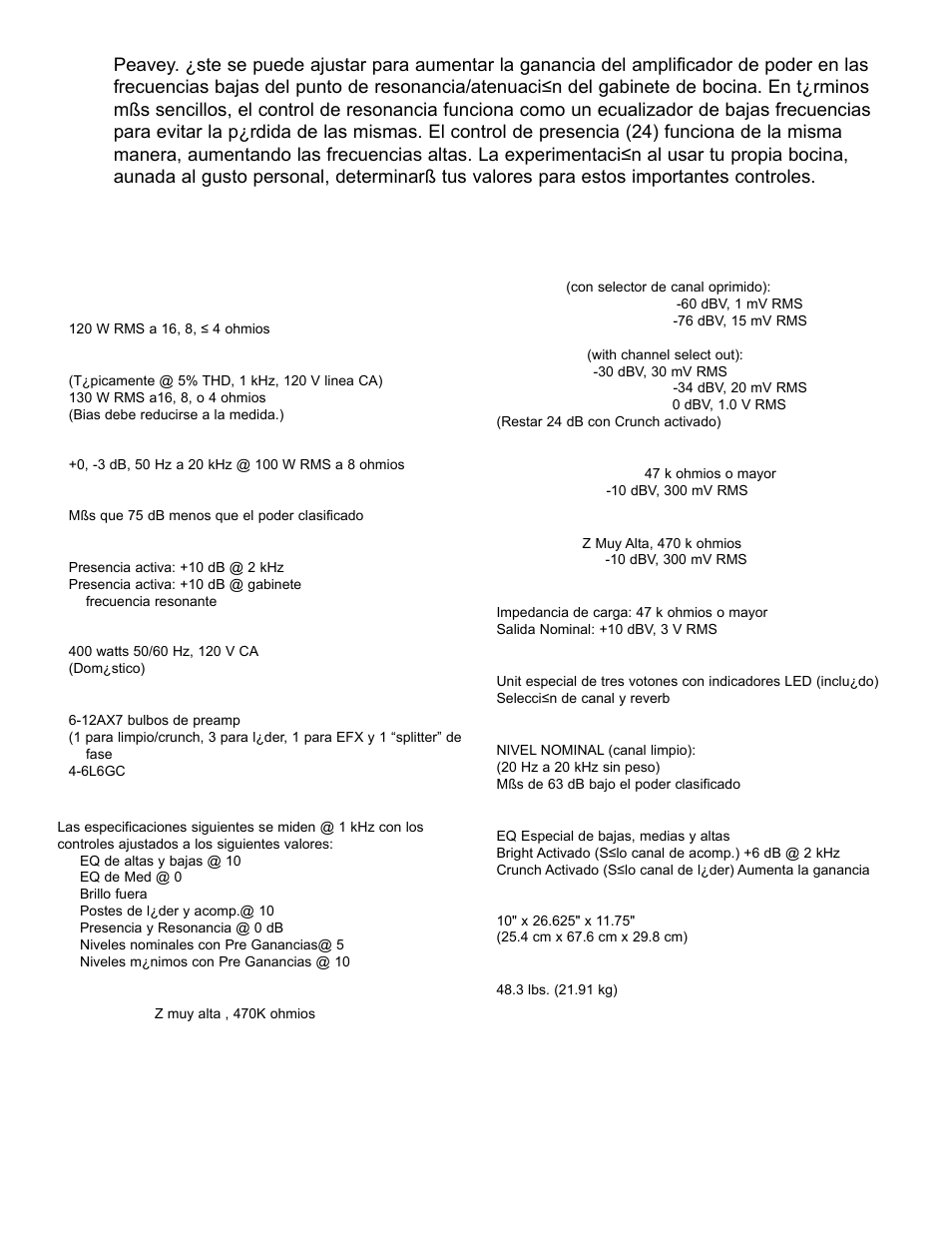 5150« ii especificaciones | Peavey EVH 5150 II User Manual | Page 14 / 28