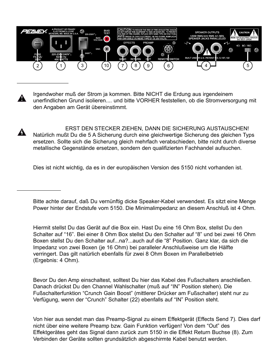 Rückseite des gerätes netzanschluß, Ins und outs | Peavey EVH 5150 II User Manual | Page 21 / 28