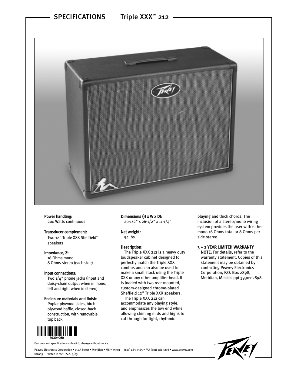 Peavey Triple XXX 212 User Manual | 1 page