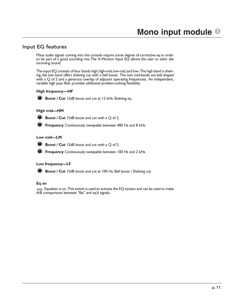 Mono input module 1 | Peavey X-Monitor User Manual | Page 11 / 72
