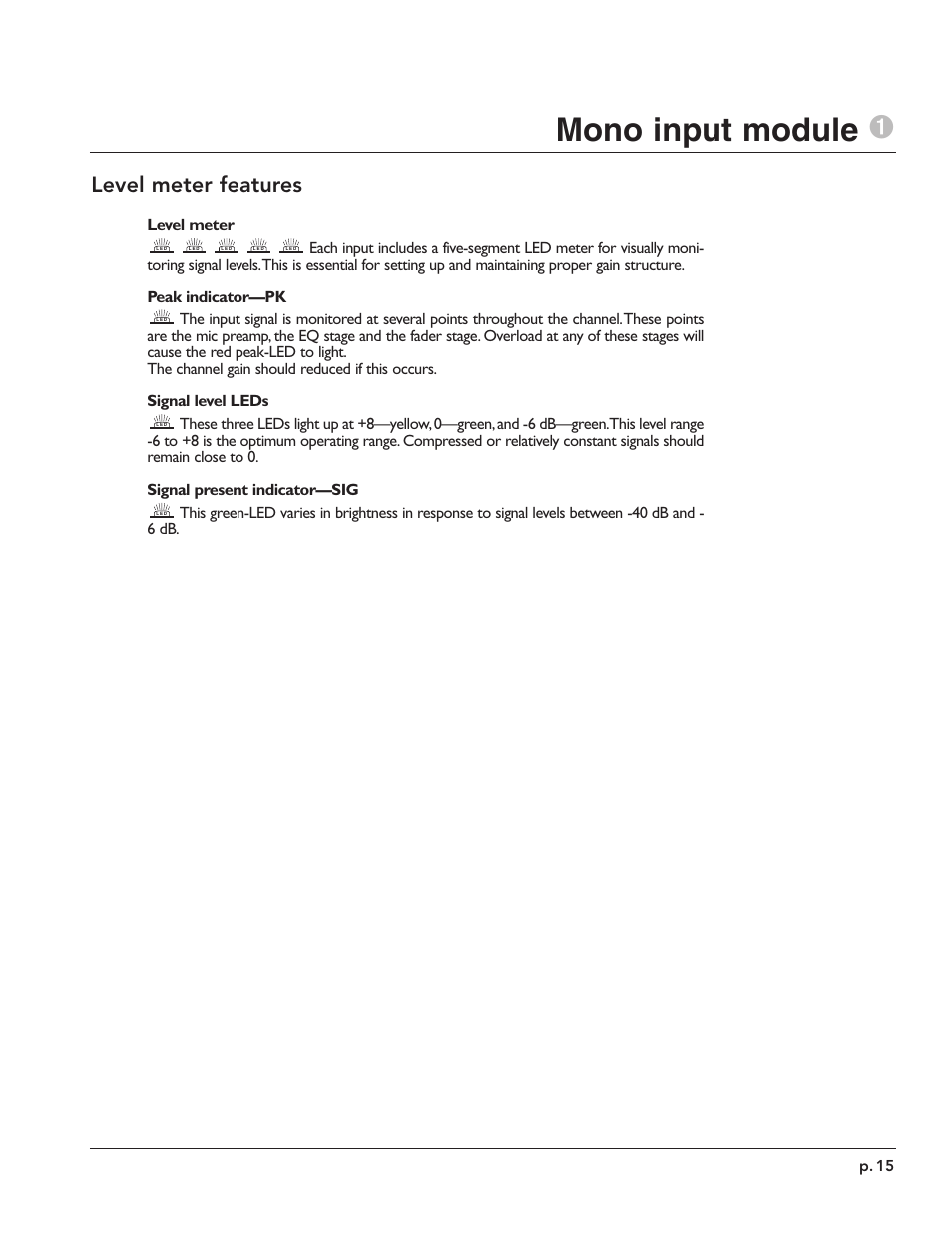 Mono input module 1, Level meter features | Peavey X-Monitor User Manual | Page 15 / 72