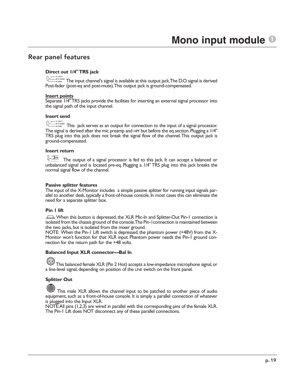 Mono input module 1, Rear panel features | Peavey X-Monitor User Manual | Page 19 / 72