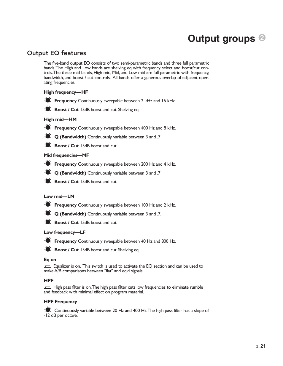 Output groups 2, Output eq features | Peavey X-Monitor User Manual | Page 21 / 72