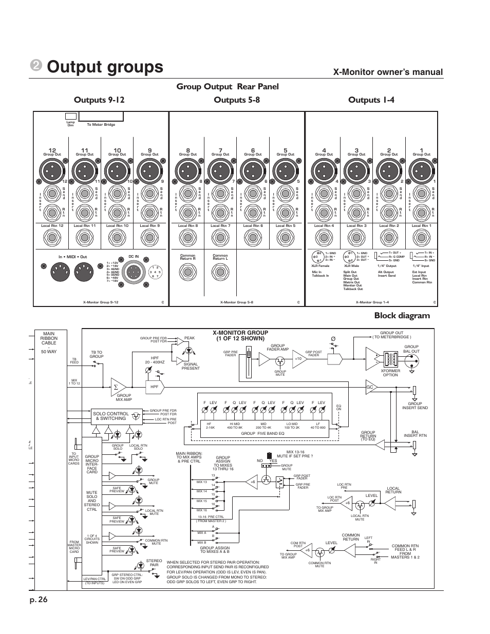 2output groups, Block diagram, X-monitor owner’s manual | P. 26, X-monitor group (1 of 12 shown) | Peavey X-Monitor User Manual | Page 26 / 72