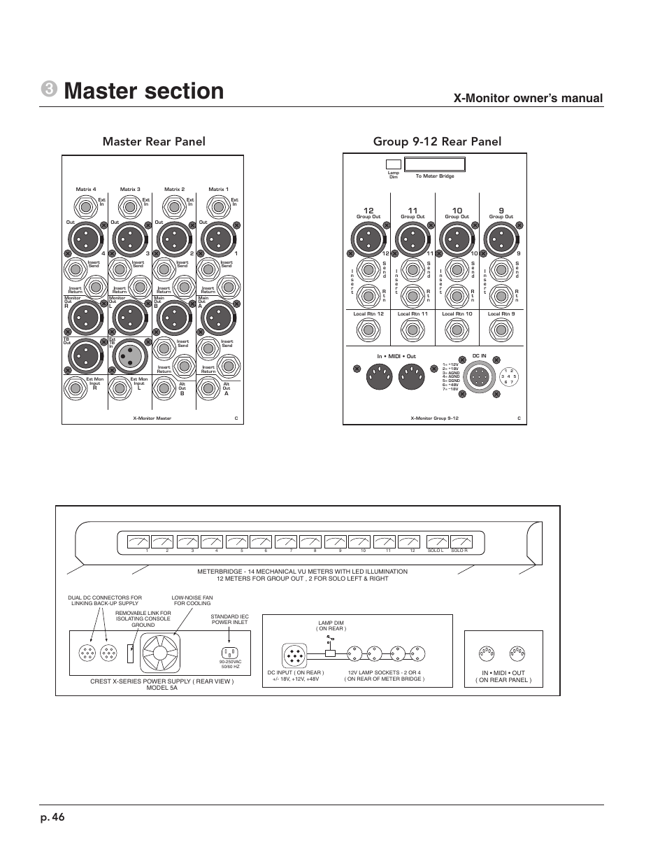 Master rear panel, Group 9-12 rear panel, X-monitor owner’s manual | P. 46 | Peavey X-Monitor User Manual | Page 46 / 72