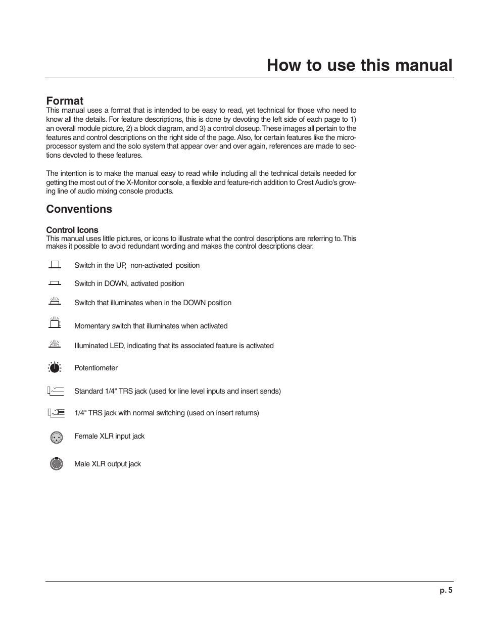 How to use this manual, Format, Conventions | Peavey X-Monitor User Manual | Page 5 / 72