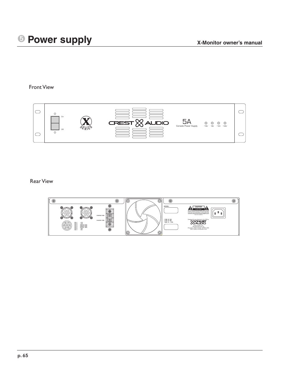 5power supply, Front view rear view, X-monitor owner’s manual | P. 65 | Peavey X-Monitor User Manual | Page 66 / 72