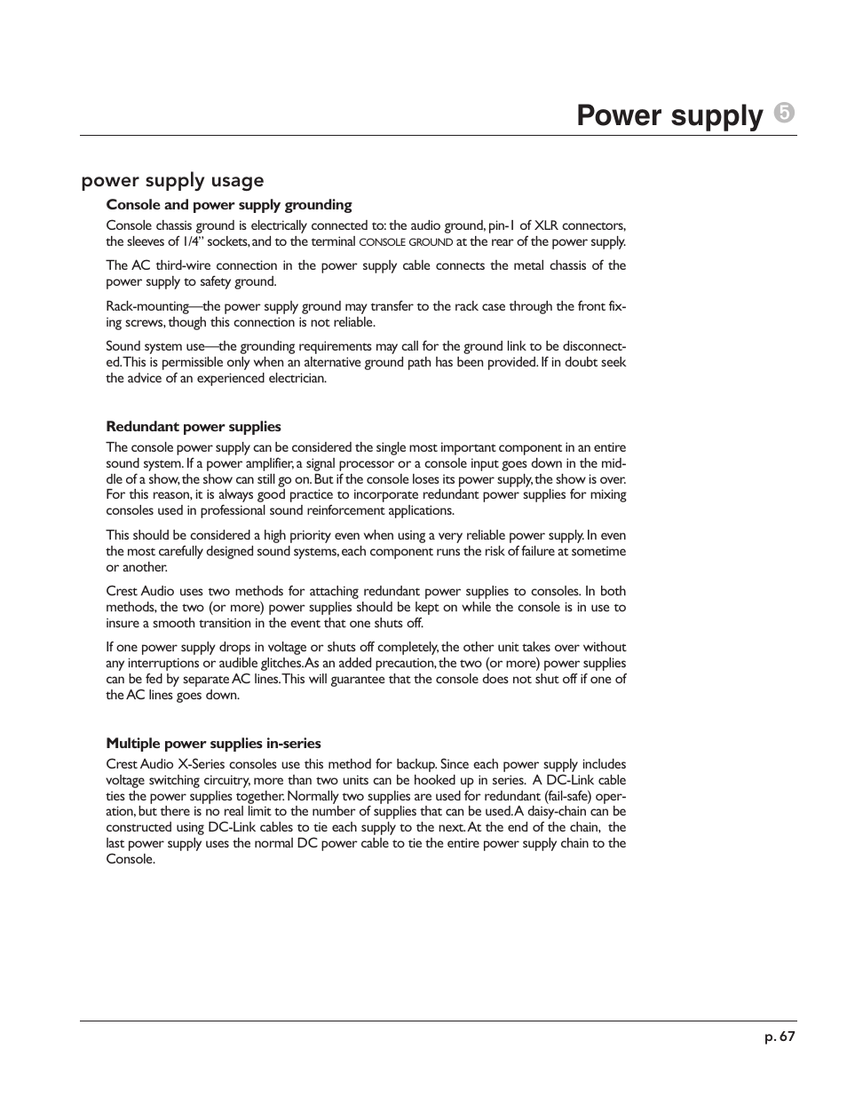 Power supply 5, Power supply usage | Peavey X-Monitor User Manual | Page 67 / 72