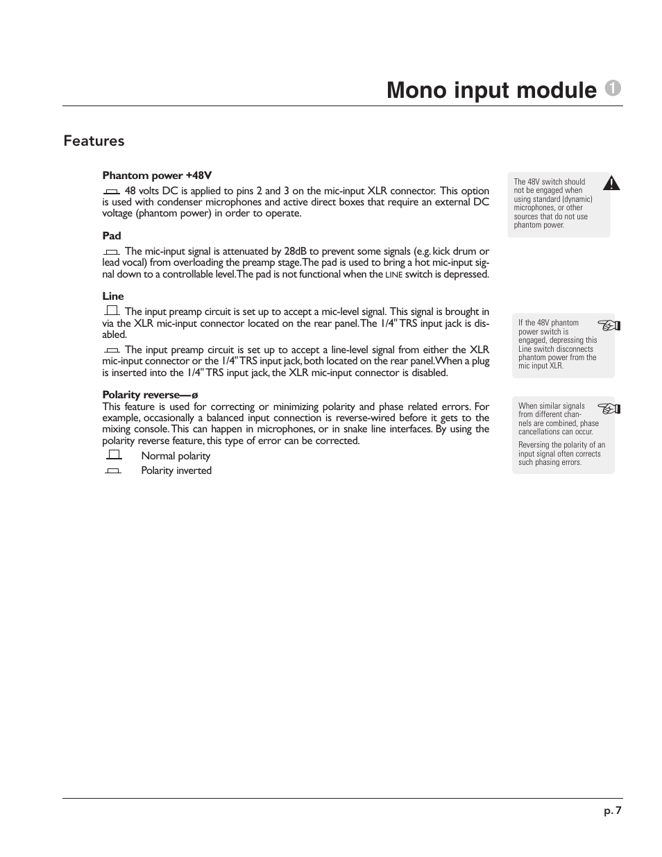 Mono input module 1 | Peavey X-Monitor User Manual | Page 7 / 72