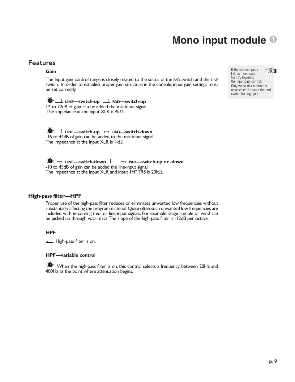 Mono input module 1, Features | Peavey X-Monitor User Manual | Page 9 / 72