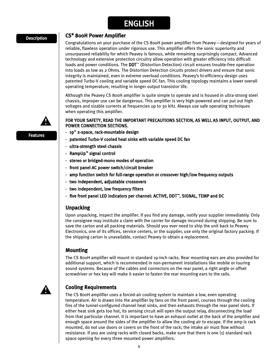 Een ng glliis sh h | Peavey CS 800H User Manual | Page 4 / 60