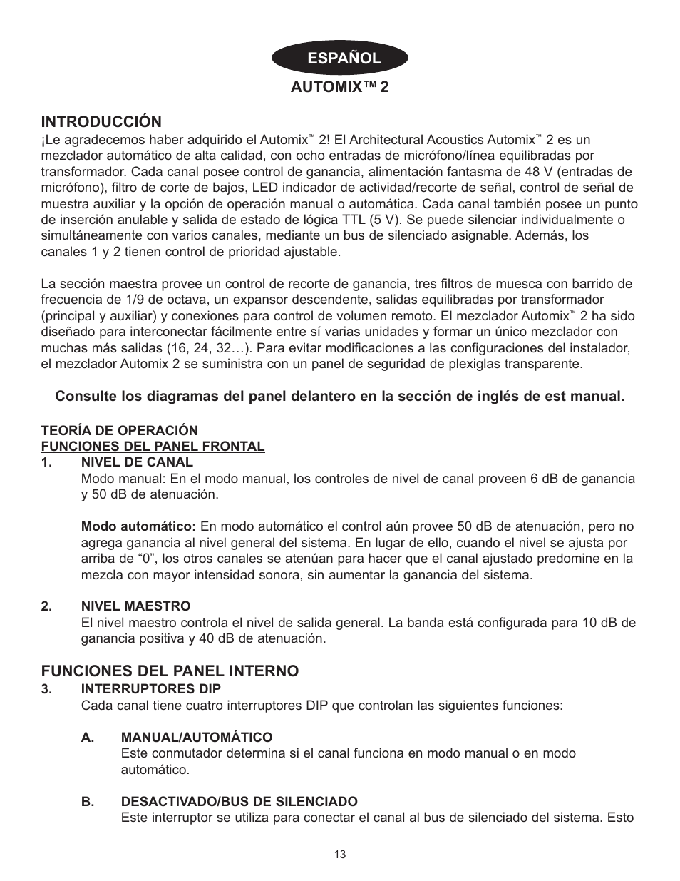 Automixª 2 introducciîn, Funciones del panel interno, Espa„ol | Peavey Automix2 User Manual | Page 13 / 32