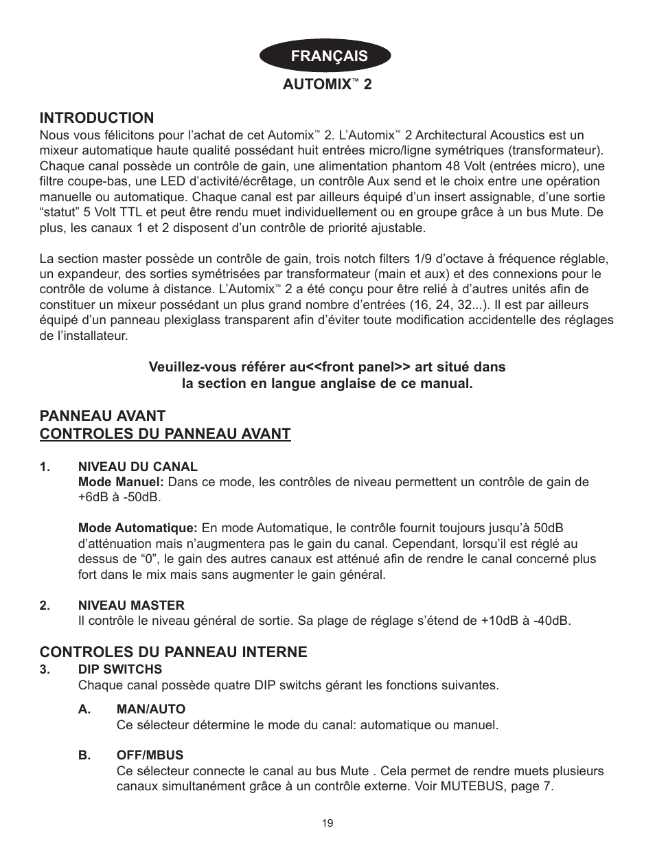 Automix, 2introduction, Panneau avant controles du panneau avant | Controles du panneau interne, Fran‚ais | Peavey Automix2 User Manual | Page 19 / 32