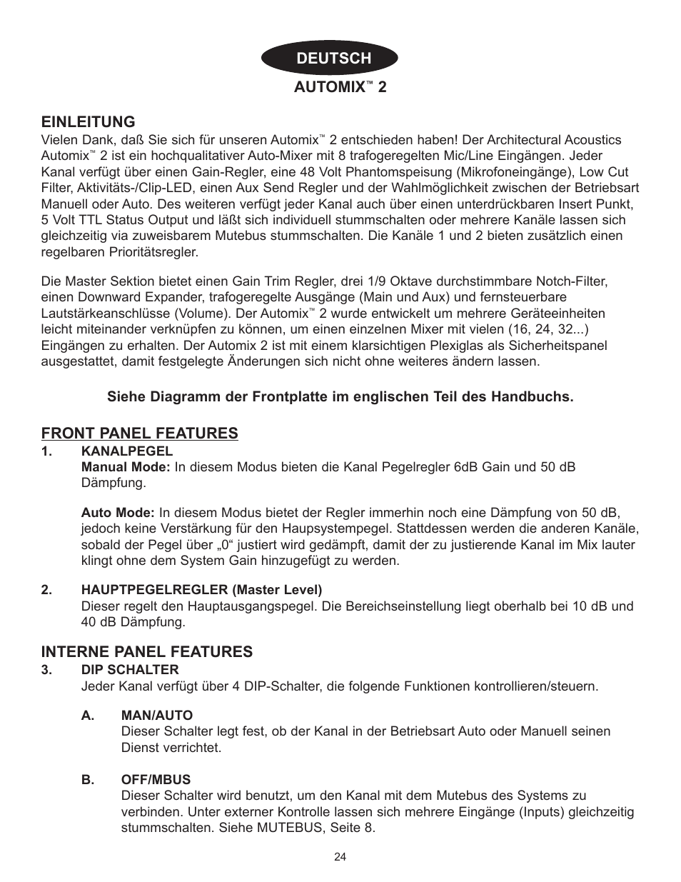 Automix, 2einleitung, Front panel features | Interne panel features, Deutsch | Peavey Automix2 User Manual | Page 24 / 32