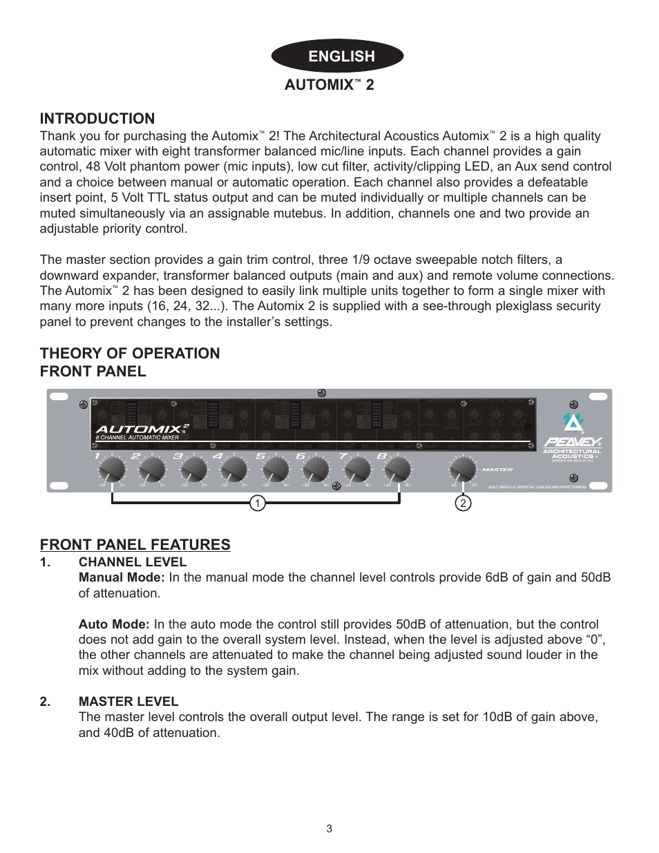 Automix, 2introduction, English | Peavey Automix2 User Manual | Page 3 / 32