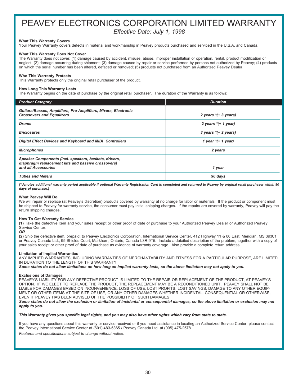 Peavey electronics corporation limited warranty | Peavey Automix2 User Manual | Page 30 / 32