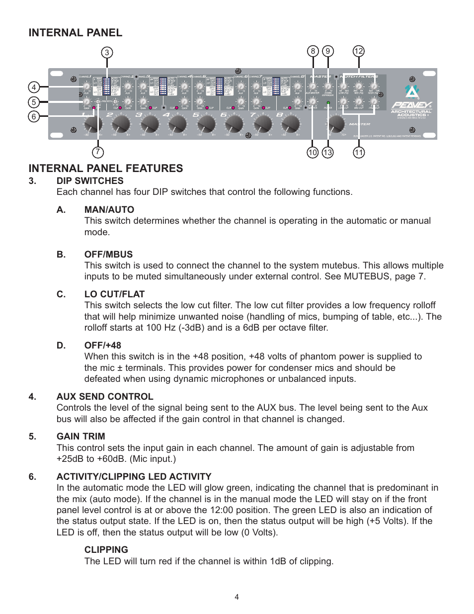 Internal panel features, Internal panel | Peavey Automix2 User Manual | Page 4 / 32