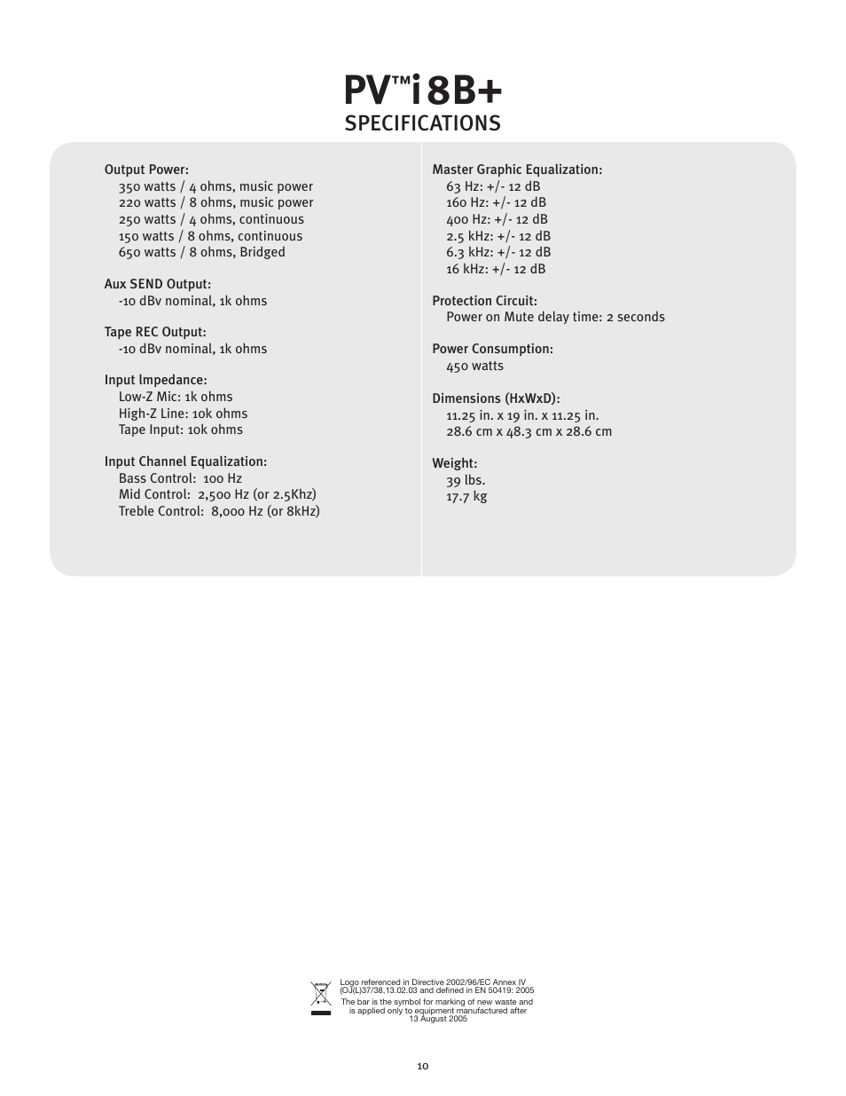 Specifications | Peavey I8B+ User Manual | Page 10 / 12