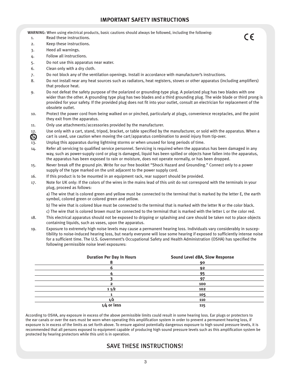 Save these instructions, Important safety instructions | Peavey I8B+ User Manual | Page 3 / 12