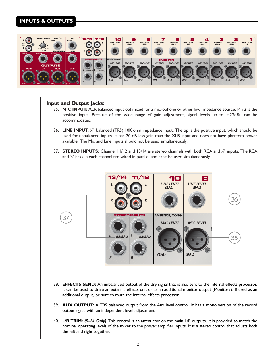 Input and output jacks, Inputs & outputs | Peavey S-14 User Manual | Page 12 / 32
