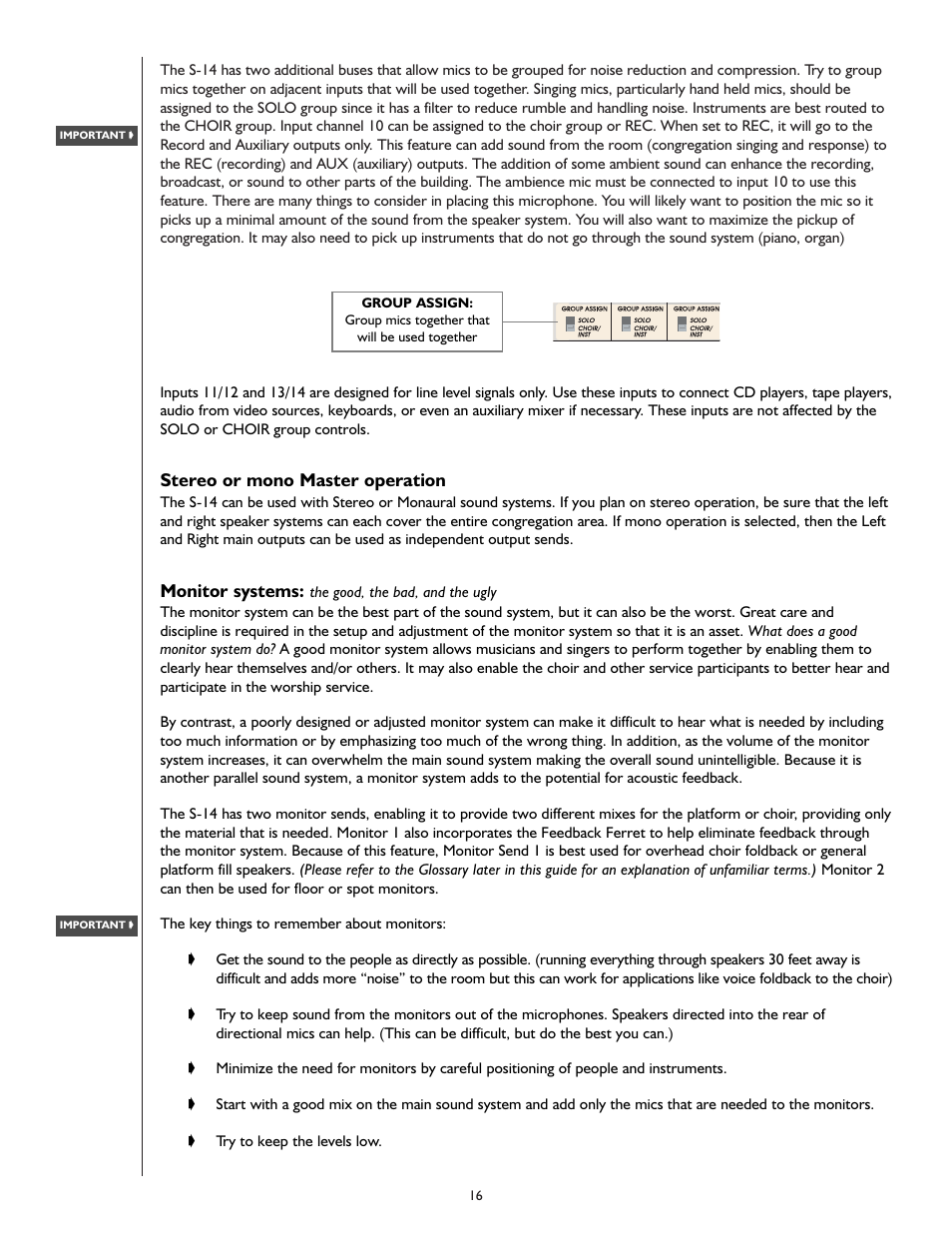 Stereo or mono master operation, Monitor systems | Peavey S-14 User Manual | Page 16 / 32