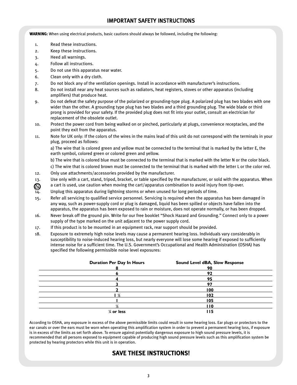 Save these instructions, Important safety instructions | Peavey S-14 User Manual | Page 3 / 32