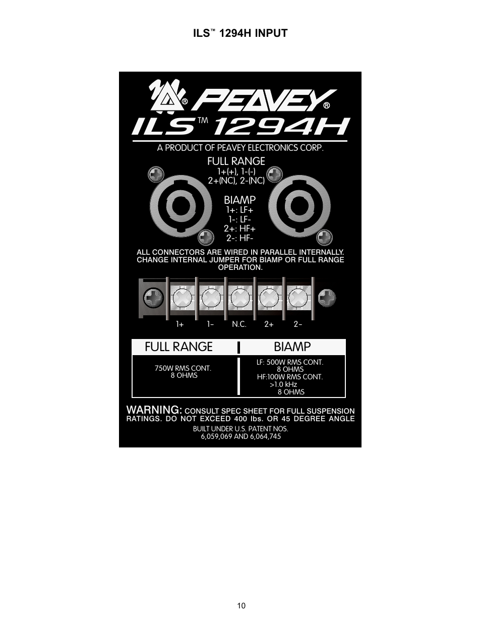 Ils 1294h, Full r ange biamp, Warning | Biamp, Full range, 1294h input | Peavey ILS 1294 H User Manual | Page 10 / 12