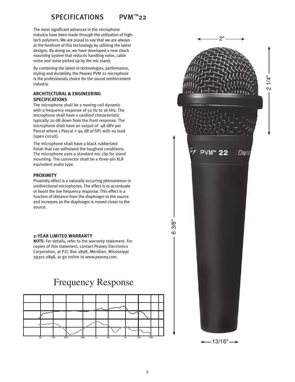 Frequency response, Specifications pvm | Peavey 22 User Manual | Page 2 / 4