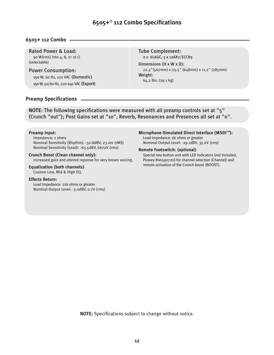 112 combo specifications | Peavey 6505+ User Manual | Page 12 / 16