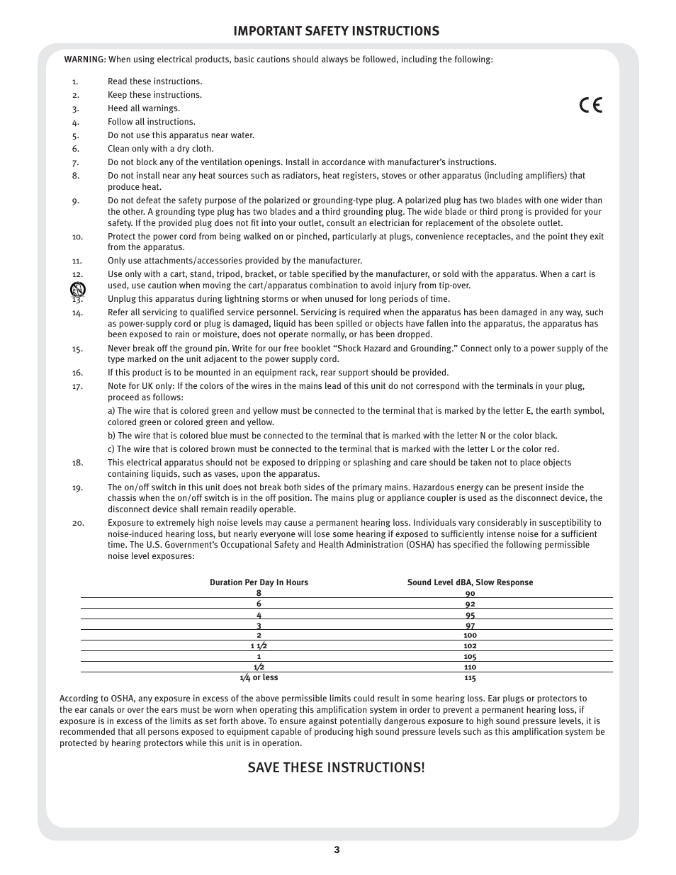 Save these instructions, Important safety instructions | Peavey 6505+ User Manual | Page 3 / 16